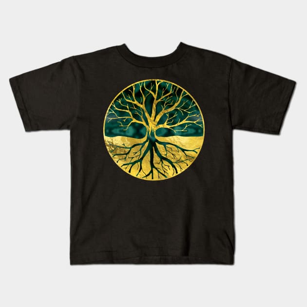 Golden Tree of Life Yggdrasil on Malachite Kids T-Shirt by Nartissima